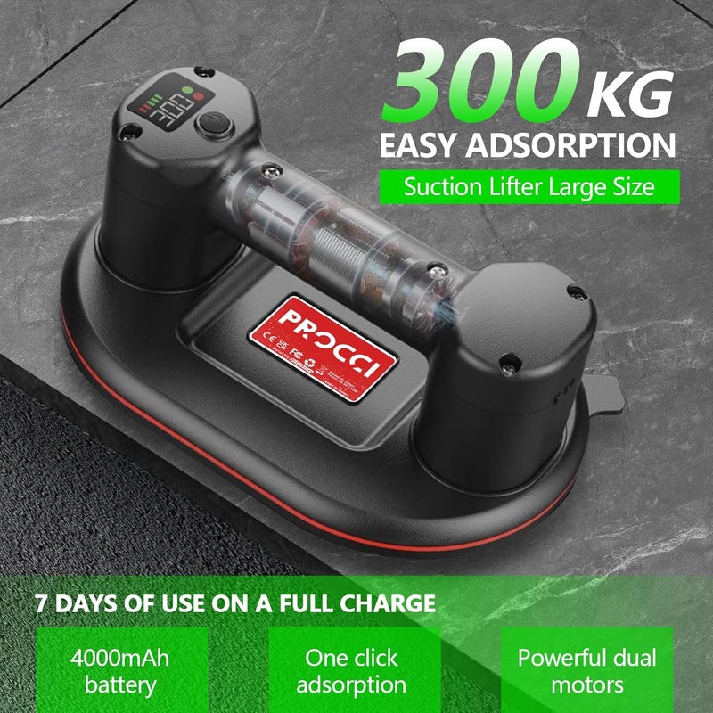 Procci Battery Suction Cup,10 in Diameter, 2 Brushless Motors, 300 KG / 660 lbs Suction Power, LCD Display for Suction Power & Battery Level, 4000 mAh Battery, 10h Runtime - Image 2